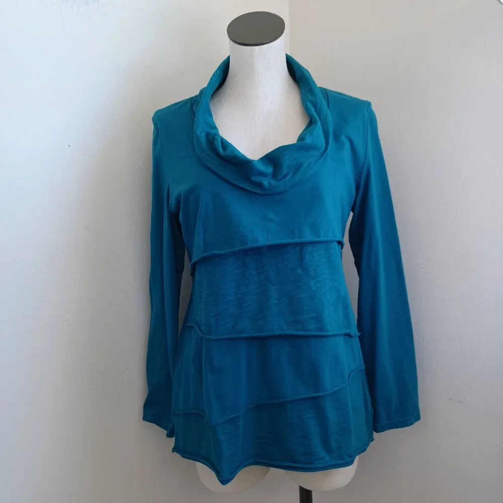 Soft Surroundings Womens‎ Teal Blue Cowl Neck Tiered Long Sleeve Top Size S